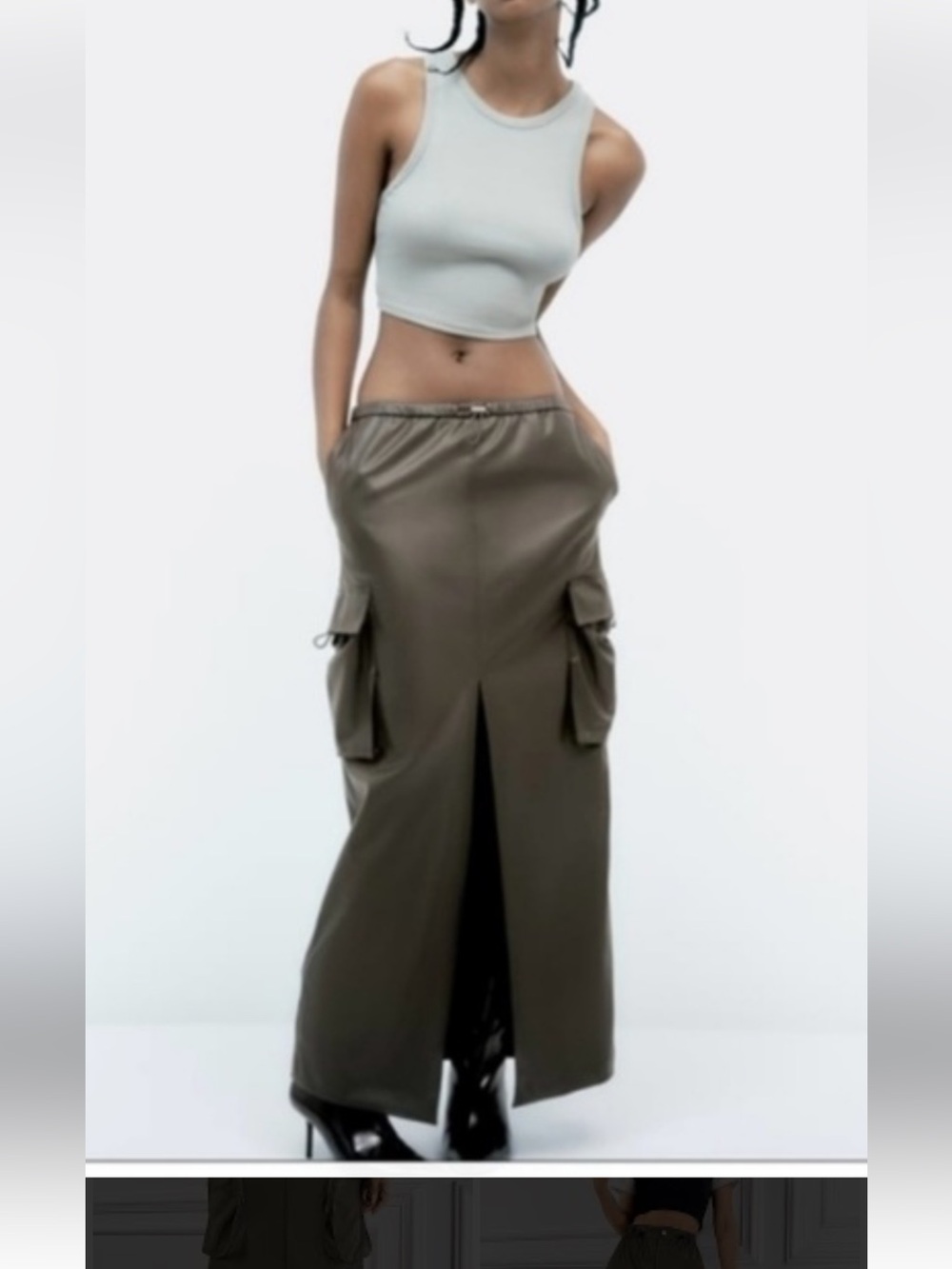 Indigo Riding Faux Leather Olive Maxi Cargo Skirt with Front Slit